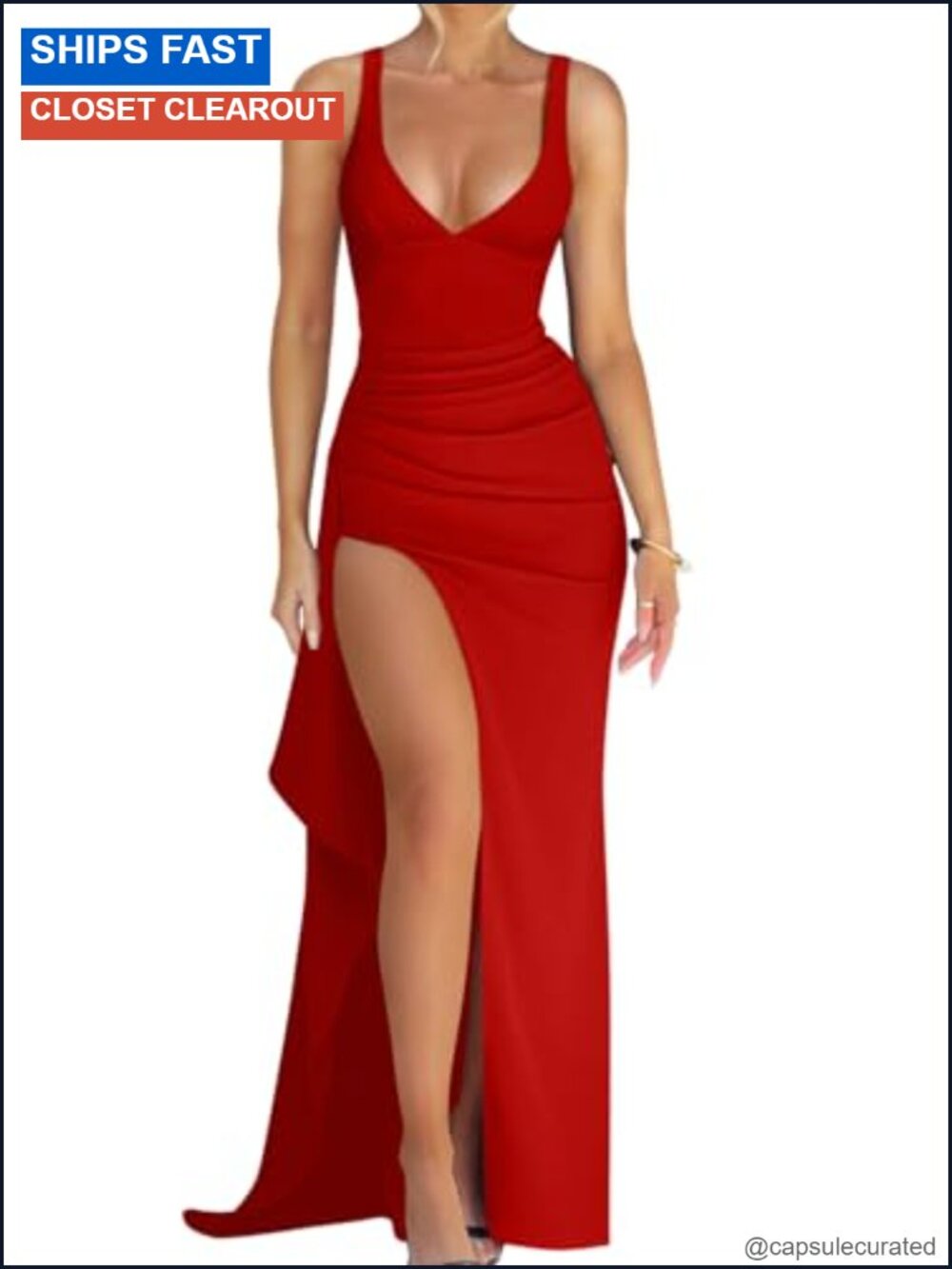 Women's Plunge Neckline Bodycon Ruched High Slit Party Maxi Dress